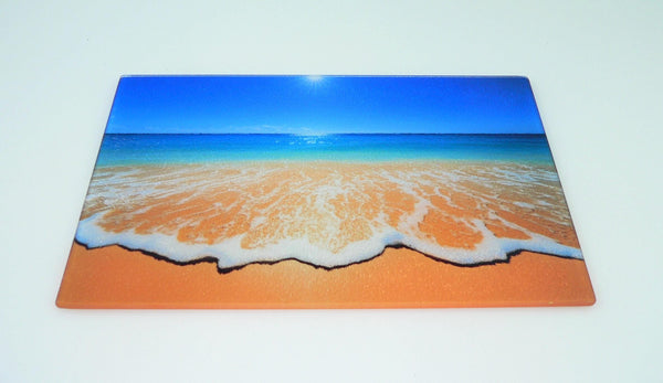 Elegant Coastal Glass Cutting Board: Beach-Inspired Serving Tray for Charcuterie & Kitchen Decor