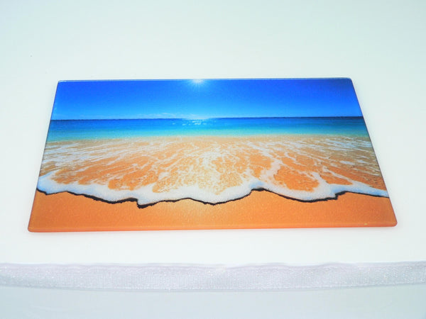 Elegant Coastal Glass Cutting Board: Beach-Inspired Serving Tray for Charcuterie & Kitchen Decor