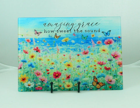 Wildflower Art Deco Tempered Glass Cutting Board - Amazing Grace Charcuterie Tray Platter Decor