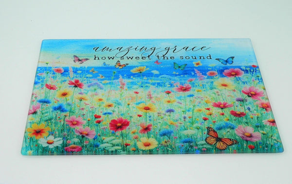 Wildflower Art Deco Tempered Glass Cutting Board - Amazing Grace Charcuterie Tray Platter Decor