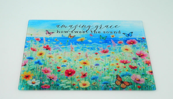 Wildflower Art Deco Tempered Glass Cutting Board - Amazing Grace Charcuterie Tray Platter Decor