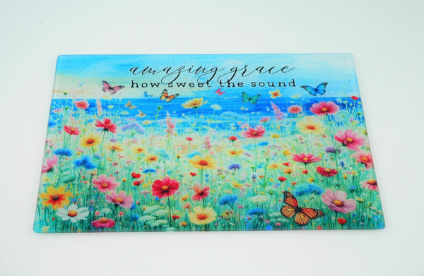 Wildflower Art Deco Tempered Glass Cutting Board - Amazing Grace Charcuterie Tray Platter Decor