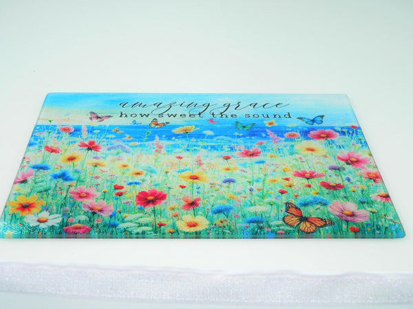 Wildflower Art Deco Tempered Glass Cutting Board - Amazing Grace Charcuterie Tray Platter Decor