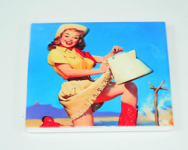Retro Cowgirl Pinup Coasters: Shatterproof Western Farmhouse Decor & Nostalgic Barware Set