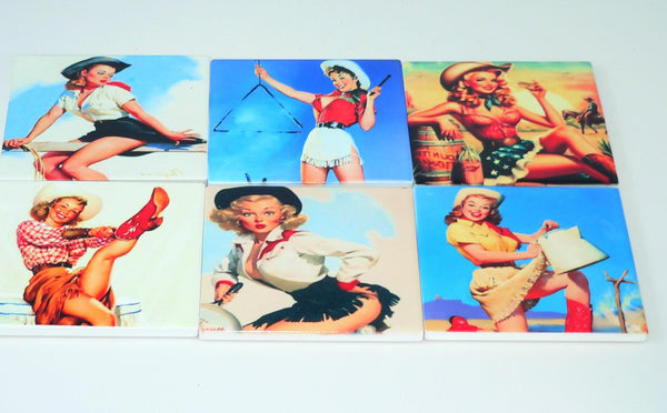 Retro Cowgirl Pinup Coasters: Shatterproof Western Farmhouse Decor & Nostalgic Barware Set