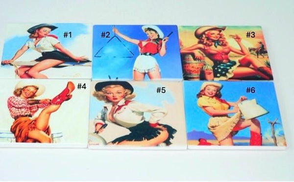 Retro Cowgirl Pinup Coasters: Shatterproof Western Farmhouse Decor & Nostalgic Barware Set