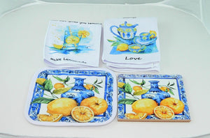 Handmade Mediterranean Ceramic Trivet Set with Lemon Design - Rustic Kitchen Decor, Pot Holder, Towels, Blue Vase