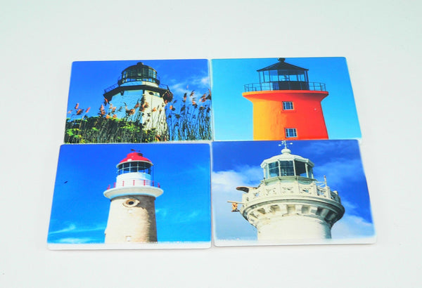 Lighthouse Ceramic Coaster Set: Beach Lighthouse Set of 4