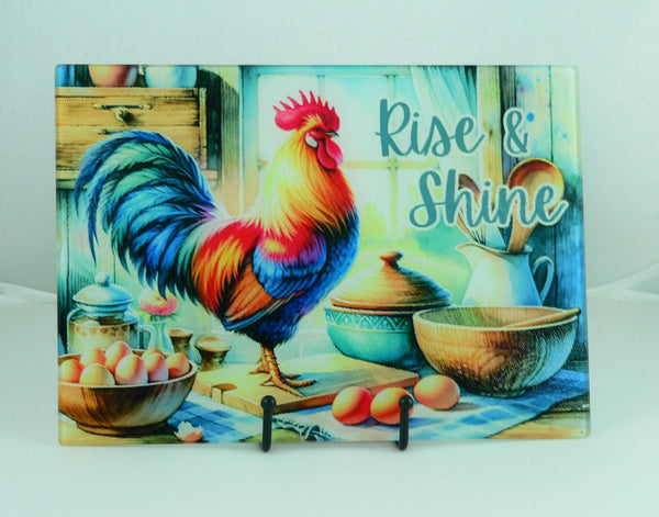Vibrant Country Rooster Tempered Glass Cutting Board: Rustic Kitchen Decor, Housewarming Gift & Serving Tray