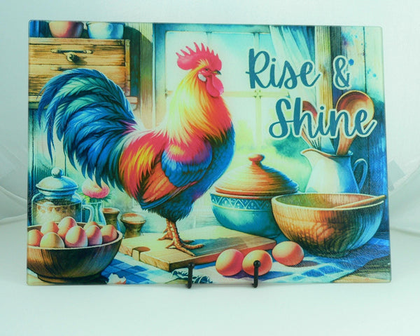 Vibrant Country Rooster Tempered Glass Cutting Board: Rustic Kitchen Decor, Housewarming Gift & Serving Tray