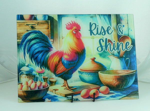 Vibrant Country Rooster Tempered Glass Cutting Board: Rustic Kitchen Decor, Housewarming Gift & Serving Tray