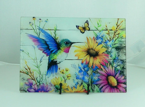 Vibrant Hummingbird Tempered Glass Cutting Board: Handmade Kitchen Decor, Serving Tray Appetizer