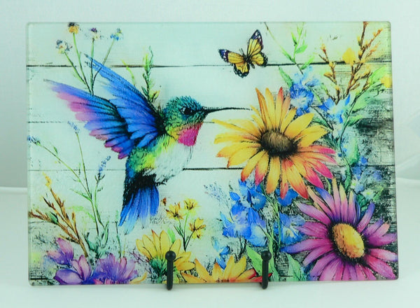 Vibrant Hummingbird Tempered Glass Cutting Board: Handmade Kitchen Decor, Serving Tray Appetizer