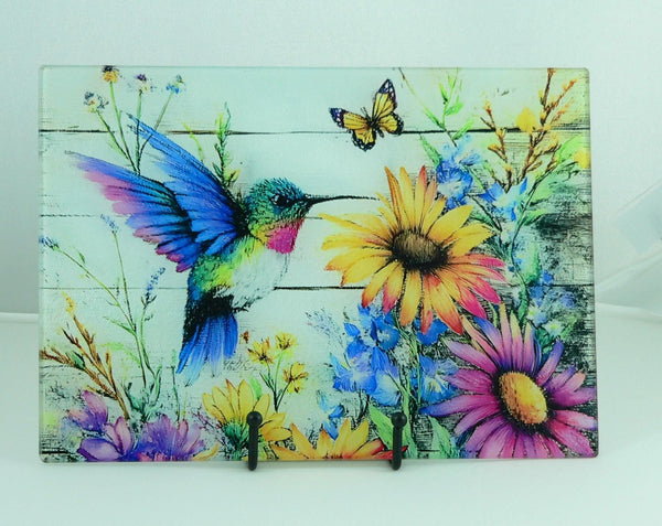 Vibrant Hummingbird Tempered Glass Cutting Board: Handmade Kitchen Decor, Serving Tray Appetizer