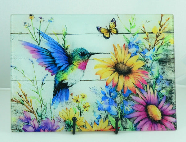 Vibrant Hummingbird Tempered Glass Cutting Board: Handmade Kitchen Decor, Serving Tray Appetizer