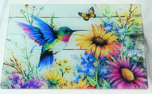 Vibrant Hummingbird Tempered Glass Cutting Board: Handmade Kitchen Decor, Serving Tray Appetizer