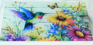 Vibrant Hummingbird Tempered Glass Cutting Board: Handmade Kitchen Decor, Serving Tray Appetizer