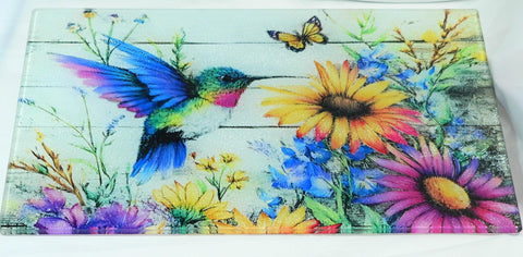 Vibrant Hummingbird Tempered Glass Cutting Board: Handmade Kitchen Decor, Serving Tray Appetizer
