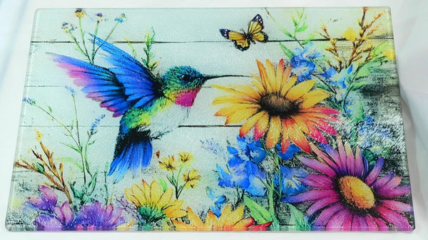 Vibrant Hummingbird Tempered Glass Cutting Board: Handmade Kitchen Decor, Serving Tray Appetizer