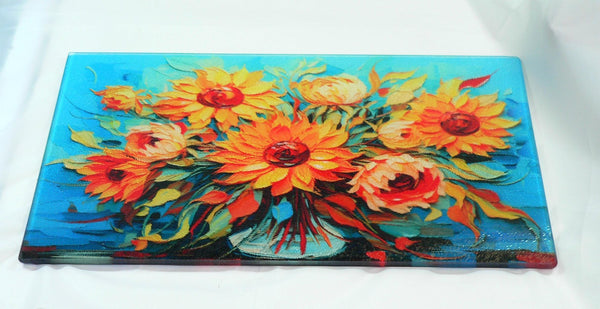 Elegant Floral Tempered Glass Cutting Board: Handmade Kitchen Decor, Serving Tray Charcuterie
