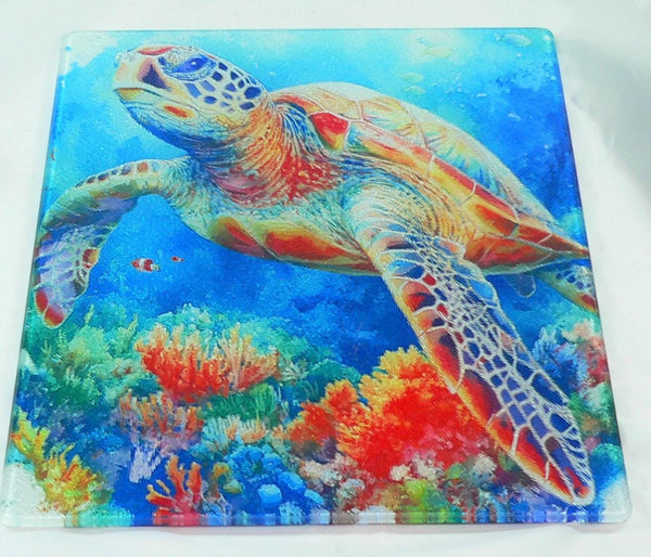 Turtle Sea Life Tempered Glass Cutting Board | Handmade Kitchen Decor, Serving Tray & Appetizer Platter, Colorful Ocean Design