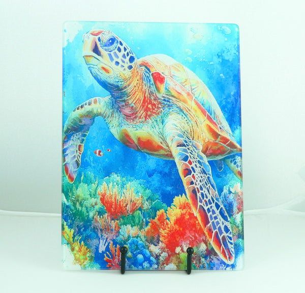Turtle Sea Life Tempered Glass Cutting Board | Handmade Kitchen Decor, Serving Tray & Appetizer Platter, Colorful Ocean Design