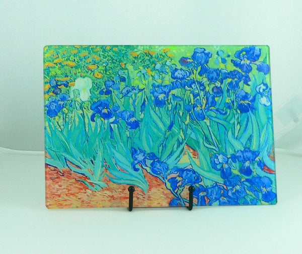 Van Gogh Irises Tempered Glass Cutting Board | Handmade Kitchen Decor, Purple Irises Serving Tray & Appetizer Platter Charcuterie.
