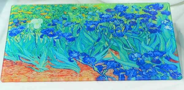 Van Gogh Irises Tempered Glass Cutting Board | Handmade Kitchen Decor, Purple Irises Serving Tray & Appetizer Platter Charcuterie.