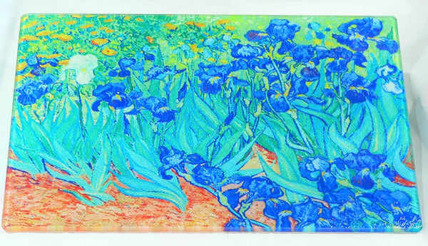 Van Gogh Irises Tempered Glass Cutting Board | Handmade Kitchen Decor, Purple Irises Serving Tray & Appetizer Platter Charcuterie.
