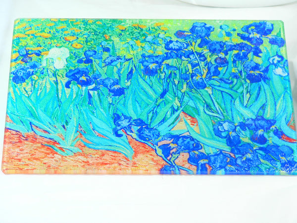 Van Gogh Irises Tempered Glass Cutting Board | Handmade Kitchen Decor, Purple Irises Serving Tray & Appetizer Platter Charcuterie.