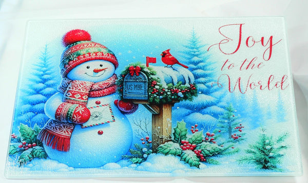 Christmas Tempered Glass Cutting Board | Handmade Kitchen Decor, Snowman Christmas Tray & Appetizer Platter Charcuterie.