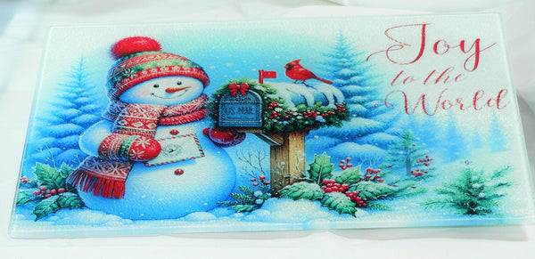 Christmas Tempered Glass Cutting Board | Handmade Kitchen Decor, Snowman Christmas Tray & Appetizer Platter Charcuterie.