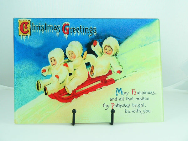 Vintage Christmas Tempered Glass Cutting Board | Handmade Kitchen Decor, Tray & Appetizer Platter Vintage Christmas Post Card Image
