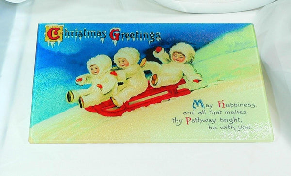 Vintage Christmas Tempered Glass Cutting Board | Handmade Kitchen Decor, Tray & Appetizer Platter Vintage Christmas Post Card Image
