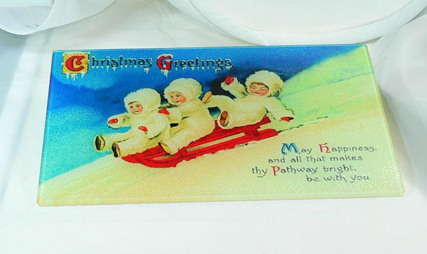 Vintage Christmas Tempered Glass Cutting Board | Handmade Kitchen Decor, Tray & Appetizer Platter Vintage Christmas Post Card Image
