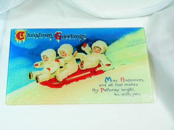Vintage Christmas Tempered Glass Cutting Board | Handmade Kitchen Decor, Tray & Appetizer Platter Vintage Christmas Post Card Image