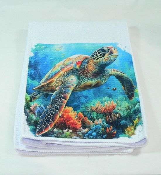 Handmade Kitchen Towel Coastal, Sea Turtle Ocean Theme, Durable Absorbent Fabric, Housewarming Gift, Functional & Decorative