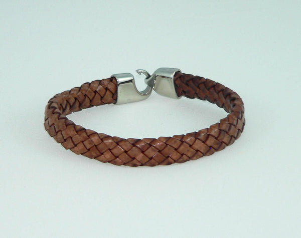 Men's Flat Braided Brown Leather Bracelet with Stainless Steel Clasp, Handmade, Masculine Gift, Boho Jewelry