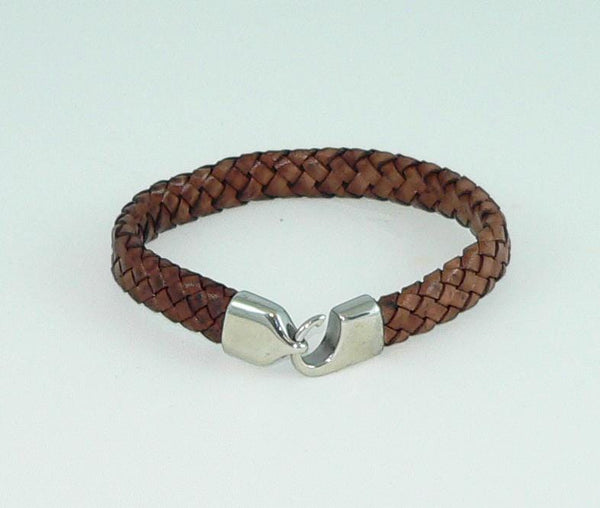 Men's Flat Braided Brown Leather Bracelet with Stainless Steel Clasp, Handmade, Masculine Gift, Boho Jewelry