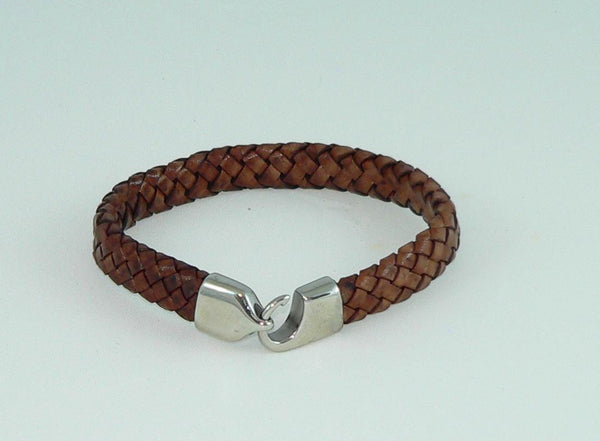 Men's Flat Braided Brown Leather Bracelet with Stainless Steel Clasp, Handmade, Masculine Gift, Boho Jewelry