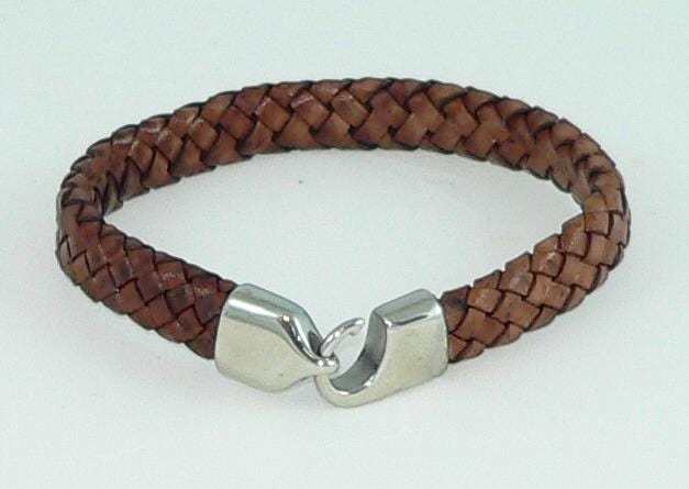 Men's Flat Braided Brown Leather Bracelet with Stainless Steel Clasp, Handmade, Masculine Gift, Boho Jewelry
