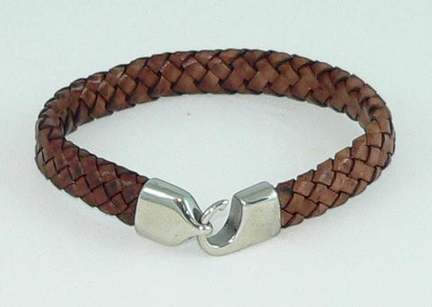 Men's Flat Braided Brown Leather Bracelet with Stainless Steel Clasp, Handmade, Masculine Gift, Boho Jewelry