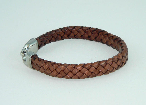 Men's Flat Braided Brown Leather Bracelet with Stainless Steel Clasp, Handmade, Masculine Gift, Boho Jewelry