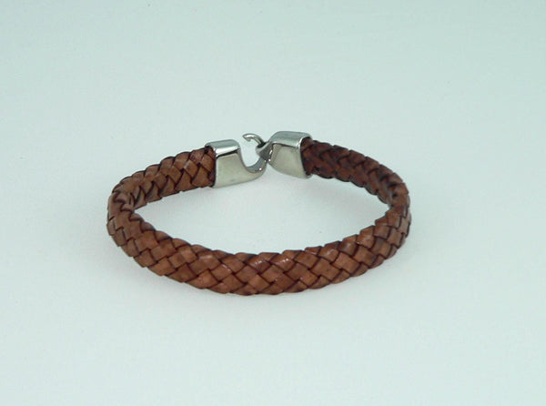 Men's Flat Braided Brown Leather Bracelet with Stainless Steel Clasp, Handmade, Masculine Gift, Boho Jewelry