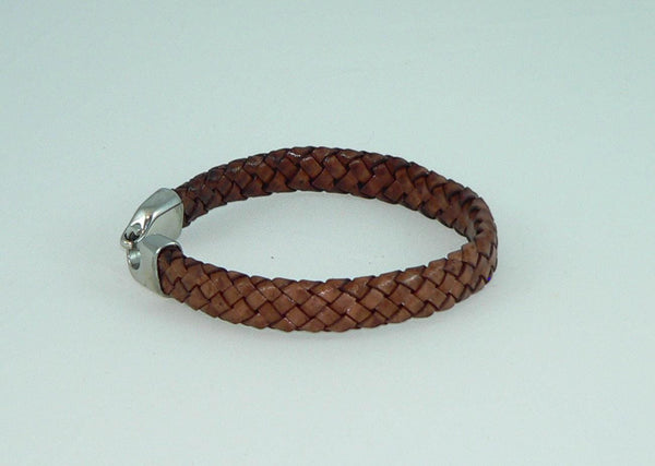 Men's Flat Braided Brown Leather Bracelet with Stainless Steel Clasp, Handmade, Masculine Gift, Boho Jewelry