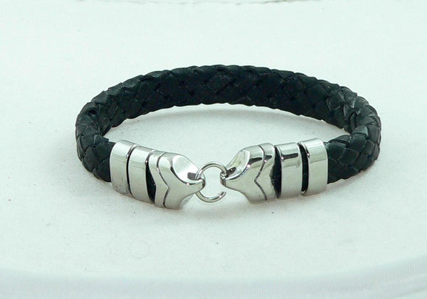 Men's BraidedBlack Leather Bracelet with Stainless Steel Clasp, Handmade, Masculine Gift, Boho Jewelry
