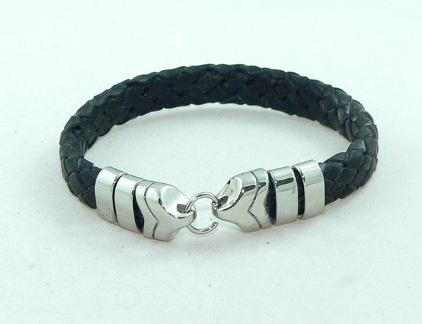 Men's BraidedBlack Leather Bracelet with Stainless Steel Clasp, Handmade, Masculine Gift, Boho Jewelry