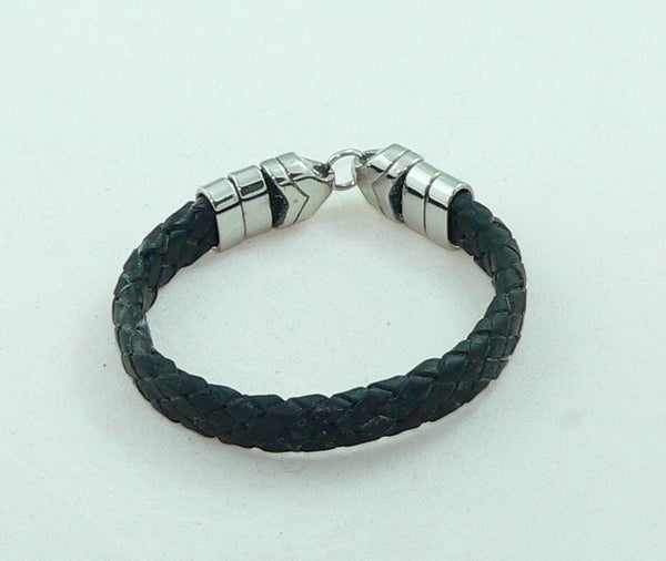 Men's BraidedBlack Leather Bracelet with Stainless Steel Clasp, Handmade, Masculine Gift, Boho Jewelry