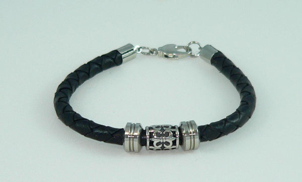 Unisex Men's Braided Celtic Fleur de Lis Bracelet with Stainless Slide Beads, Handmade, Masculine Gift, Boho Jewelry