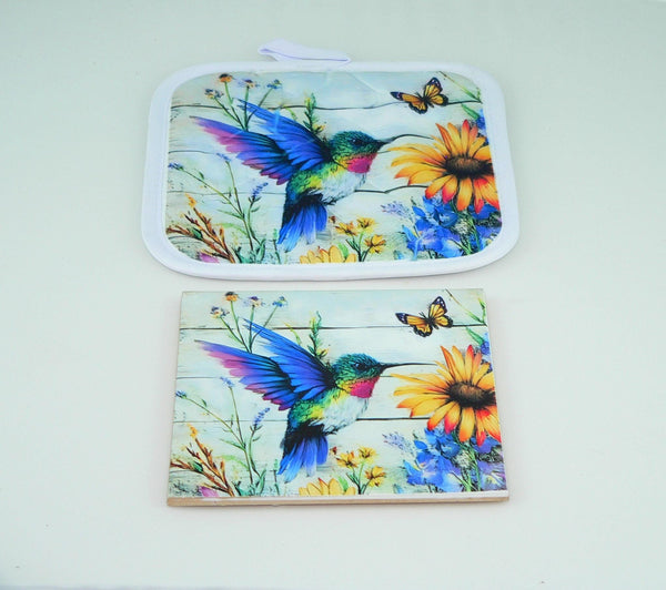 Vibrant Ceramic Hummingbird Trivet: Handcrafted Floral Kitchen Hot Pad for Table Protection